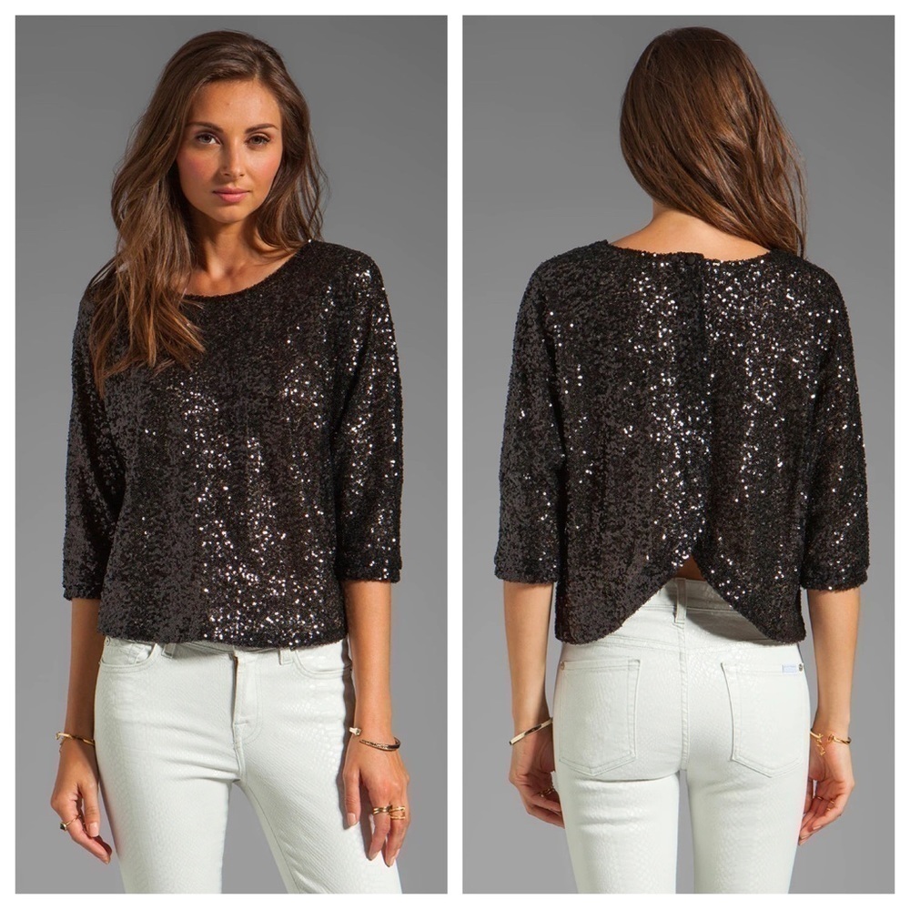 Lovers + Friends Revolve Black Sequin Intuition Top w/ Petal Back, Size M